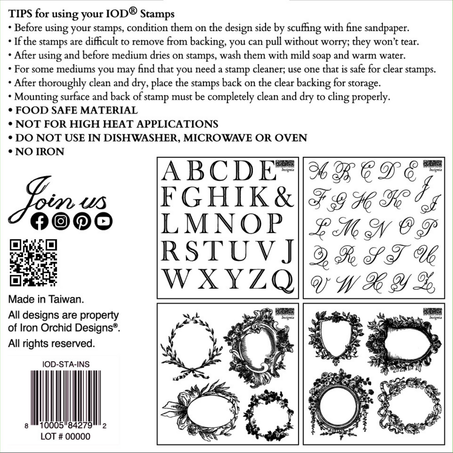 "Insignia" IOD MIni Stamps Boxed Set. Four 6" x 6" sheets. Available at Milton's Daughter. Box back.