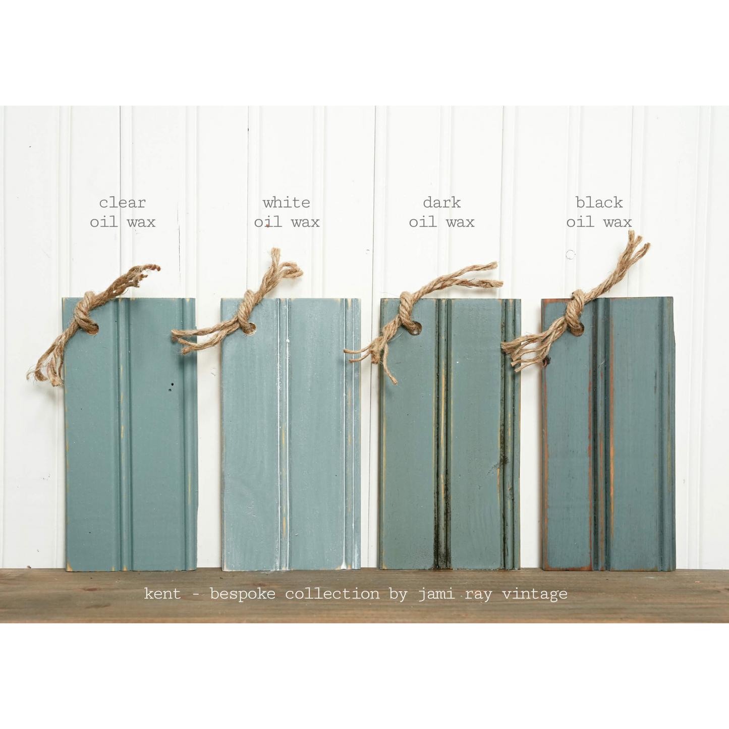 "Kent" Bespoke Collection by Sweet Pickins Milk Paint. Color curated by Jami Ray Vintage. Comarison of color with various oil wax finishes. Available at Milton's Daughter.