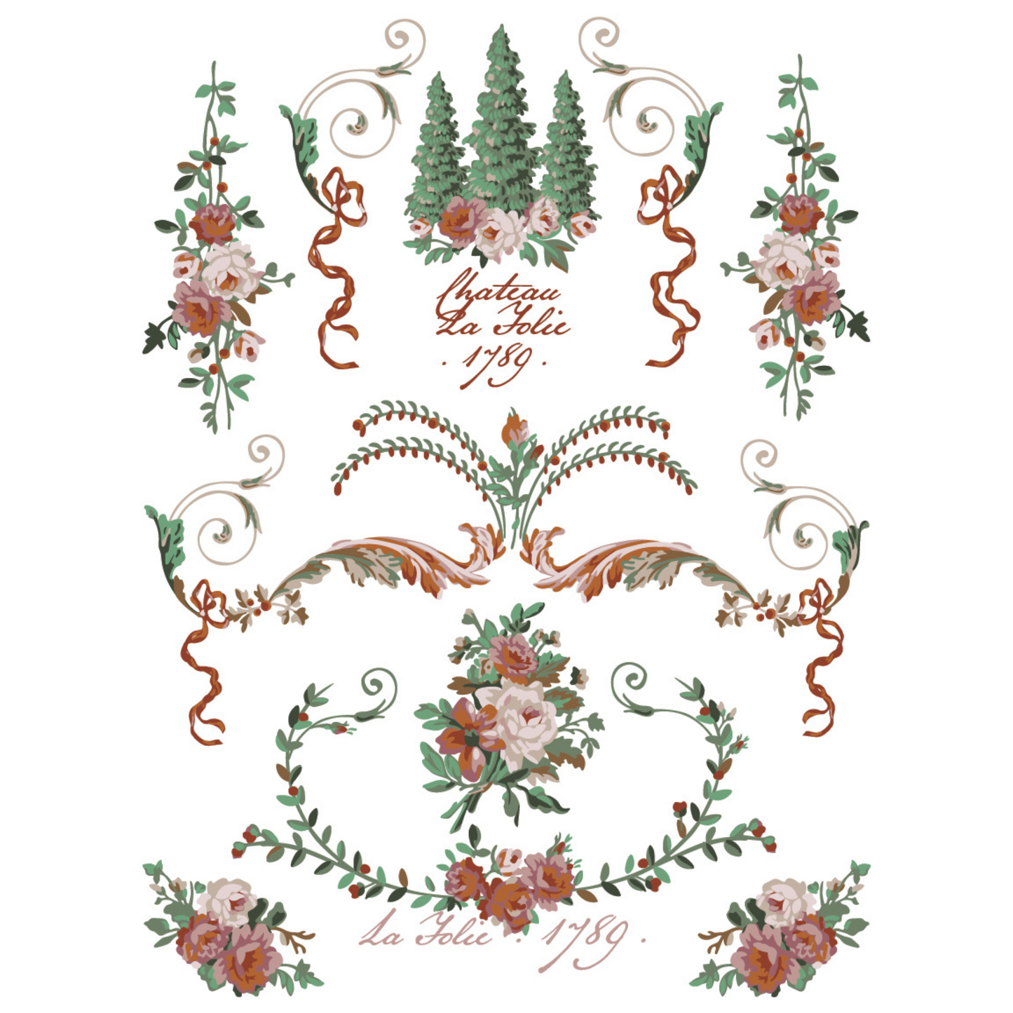 "La Folie" IOD Paint Inlay by Iron Orchid Designs. Pg 3 of 8. Decorative floral design with text 'Chateau La Folie 1789.' Transfer available at Milton's Daughter.
