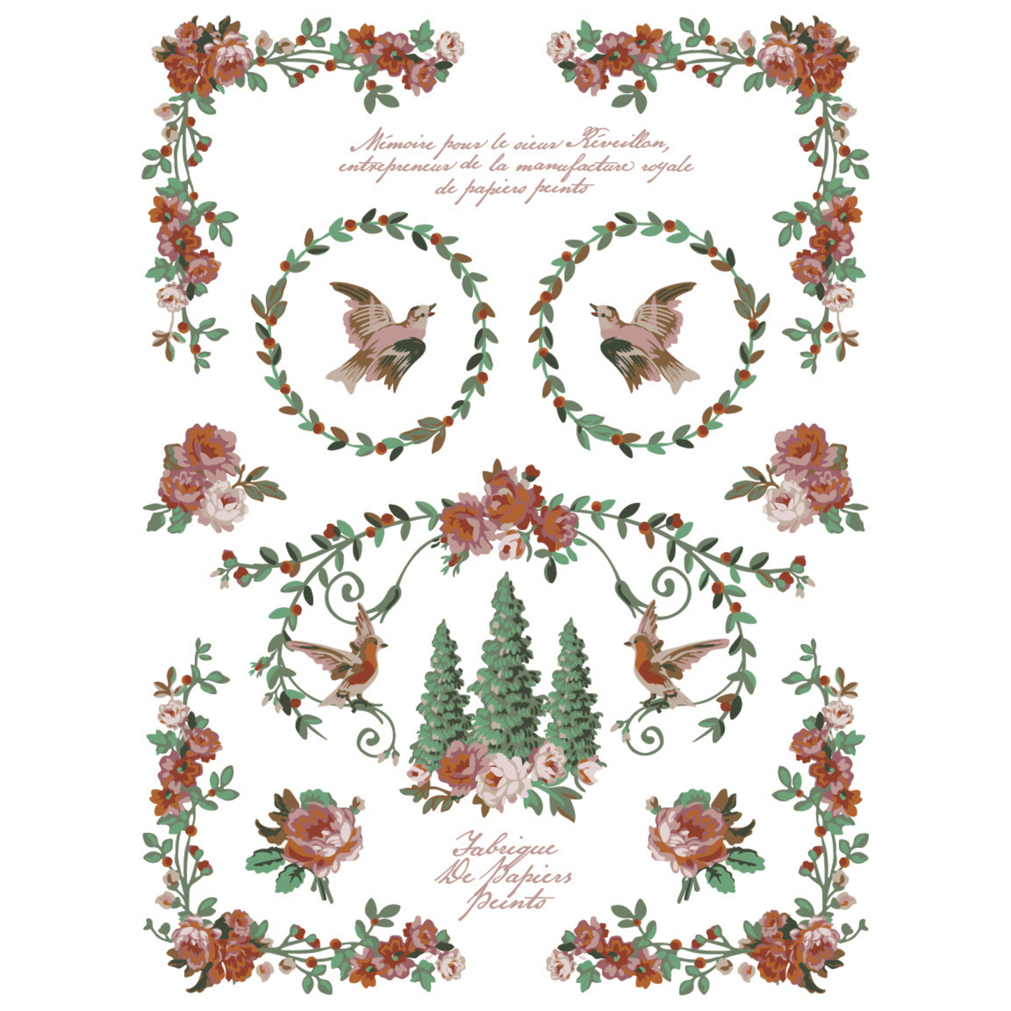 "La Folie" IOD Paint Inlay by Iron Orchid Designs. Pg 5 of 8. Decorative design with floral wreaths, birds, and trees. Transfer available at Milton's Daughter.