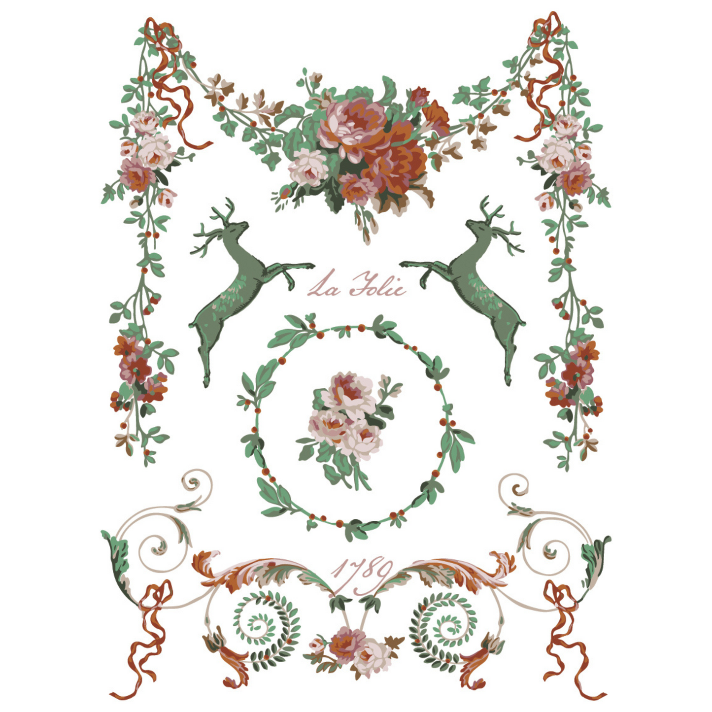"La Folie" IOD Paint Inlay by Iron Orchid Designs. Pg 7 of 8. Decorative design with floral elements and deer figures. Transfer available at Milton's Daughter.