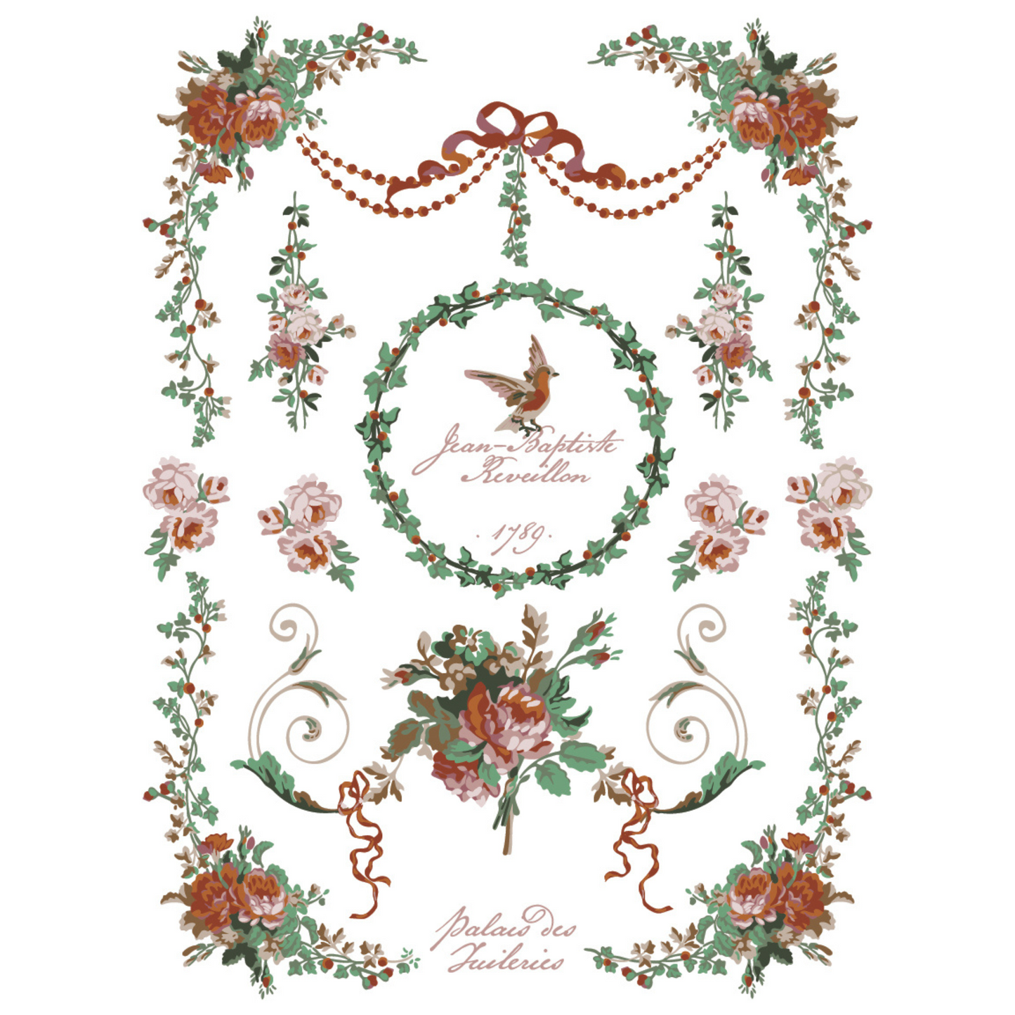"La Folie" IOD Paint Inlay by Iron Orchid Designs. Pg 8 of 8. Decorative floral design with wreaths and ribbons. Transfer available at Milton's Daughter.
