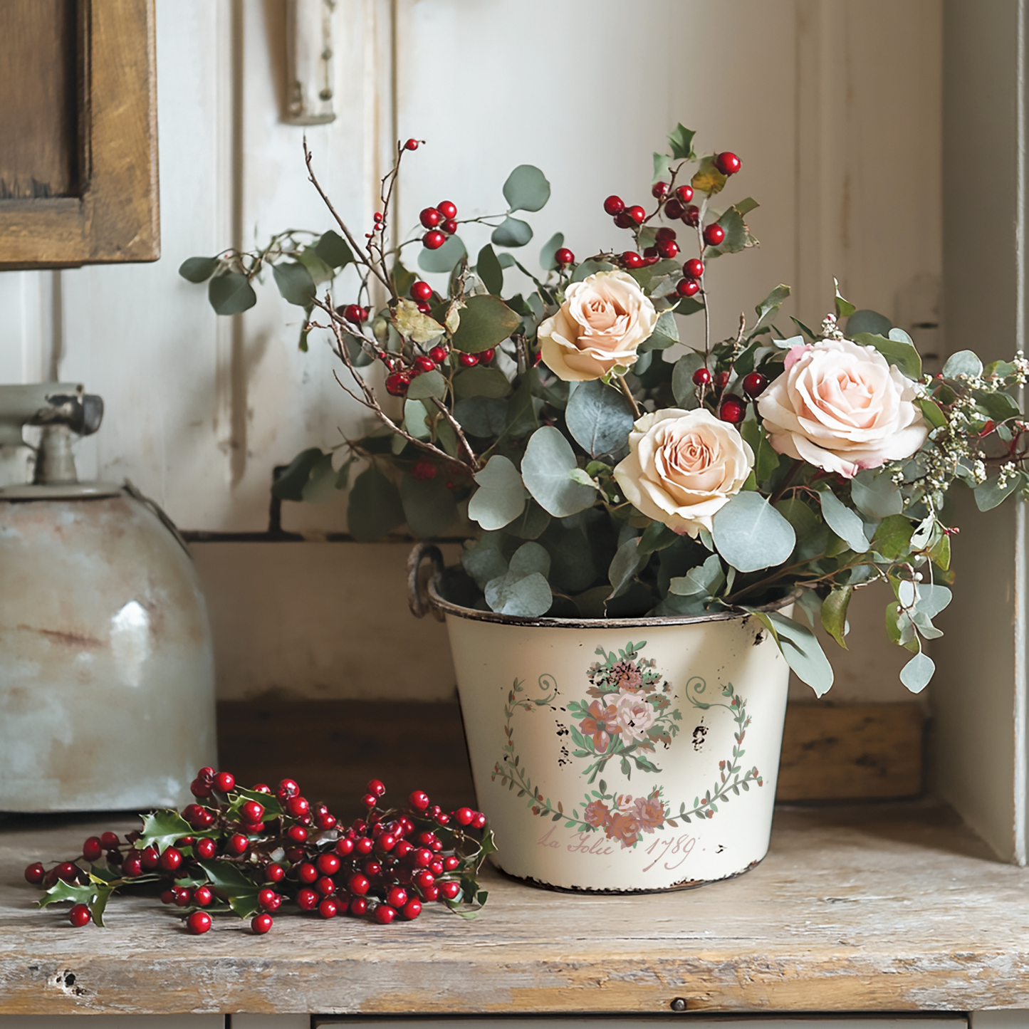 "La Folie" IOD Paint Inlay by Iron Orchid Designs. Example pic 1. Transfer available at Milton's Daughter. Decorative floral arrangement in a vintage-style metal bucket on a wooden surface.