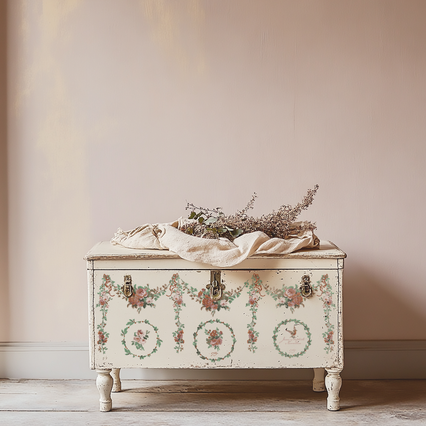 "La Folie" IOD Paint Inlay by Iron Orchid Designs. Example pic 2. Transfer available at Milton's Daughter. Decorative chest with floral patterns on a neutral background.