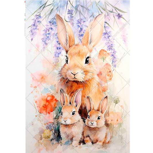 "Lavender Floral Bunny Family" decoupage rice paper by Paper Designs. Available at Milton's Daughter.