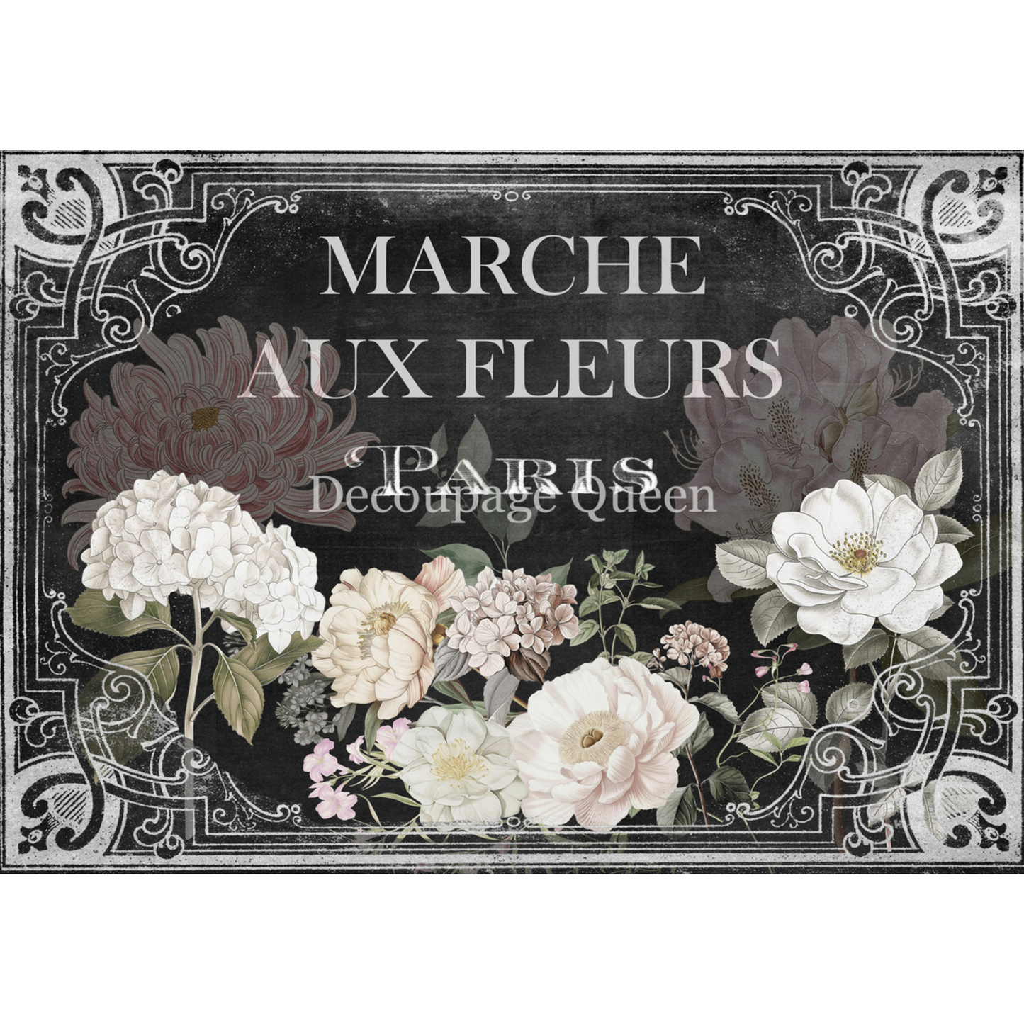 "Marche Aux Fleurs" decoupage rice paper by Decoupage Queen. Available at Milton's Daughter.