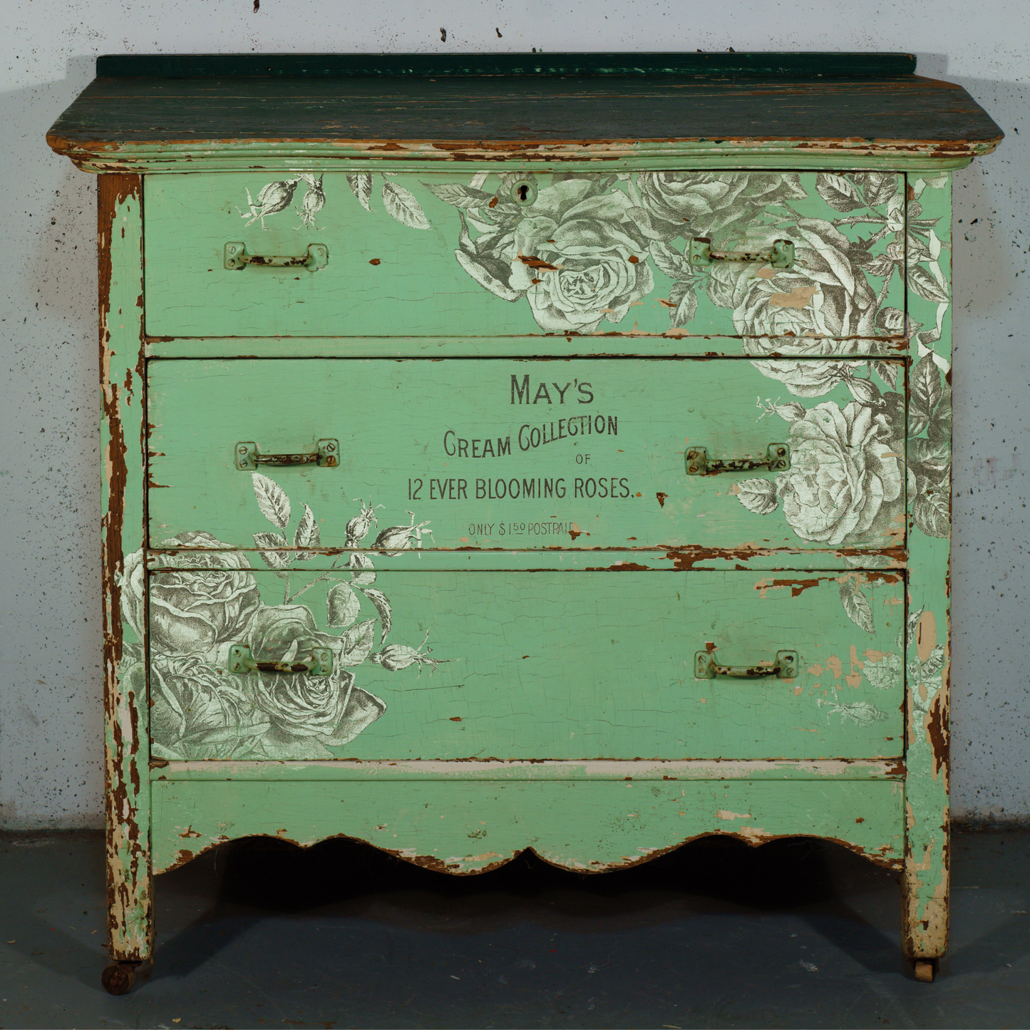 "May's Roses" IOD transfer by Iron Orchid Designs. Example of use on green dresser. Available at Milton's Daughter.