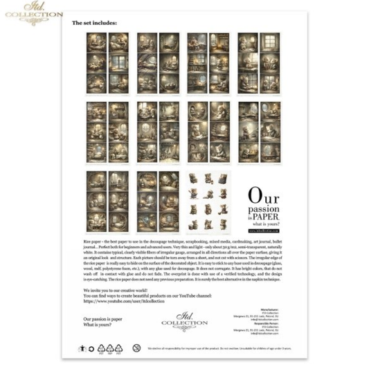 Mouse World Home Sweet Home Decoupage Rice Paper Set by ITD Collection. Back cover. Includes eleven size A4 sheets.