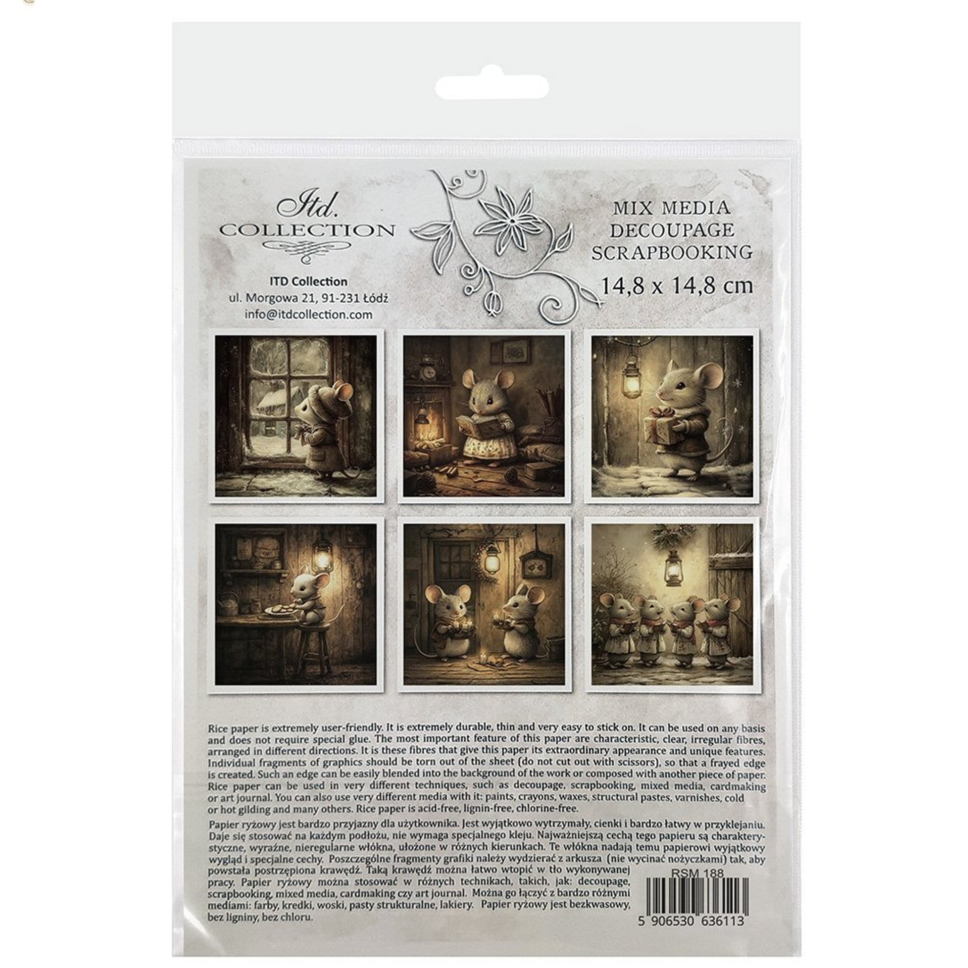 Packaging of a mix media decoupage scrapbooking paper set with images of mice in various holiday home settings.