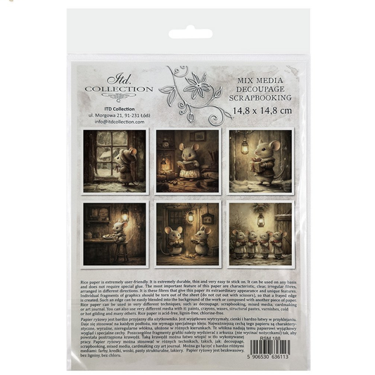 Packaging of a mix media decoupage scrapbooking paper set with images of mice in various holiday home settings.