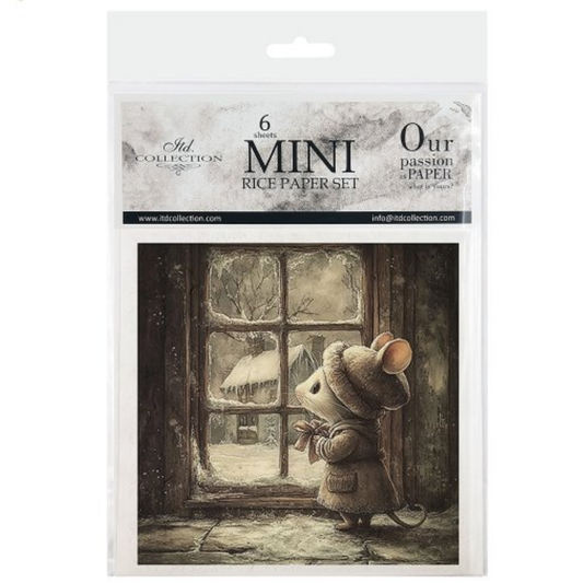 Package of mini rice paper set with a mouse illustration on a snowy day.