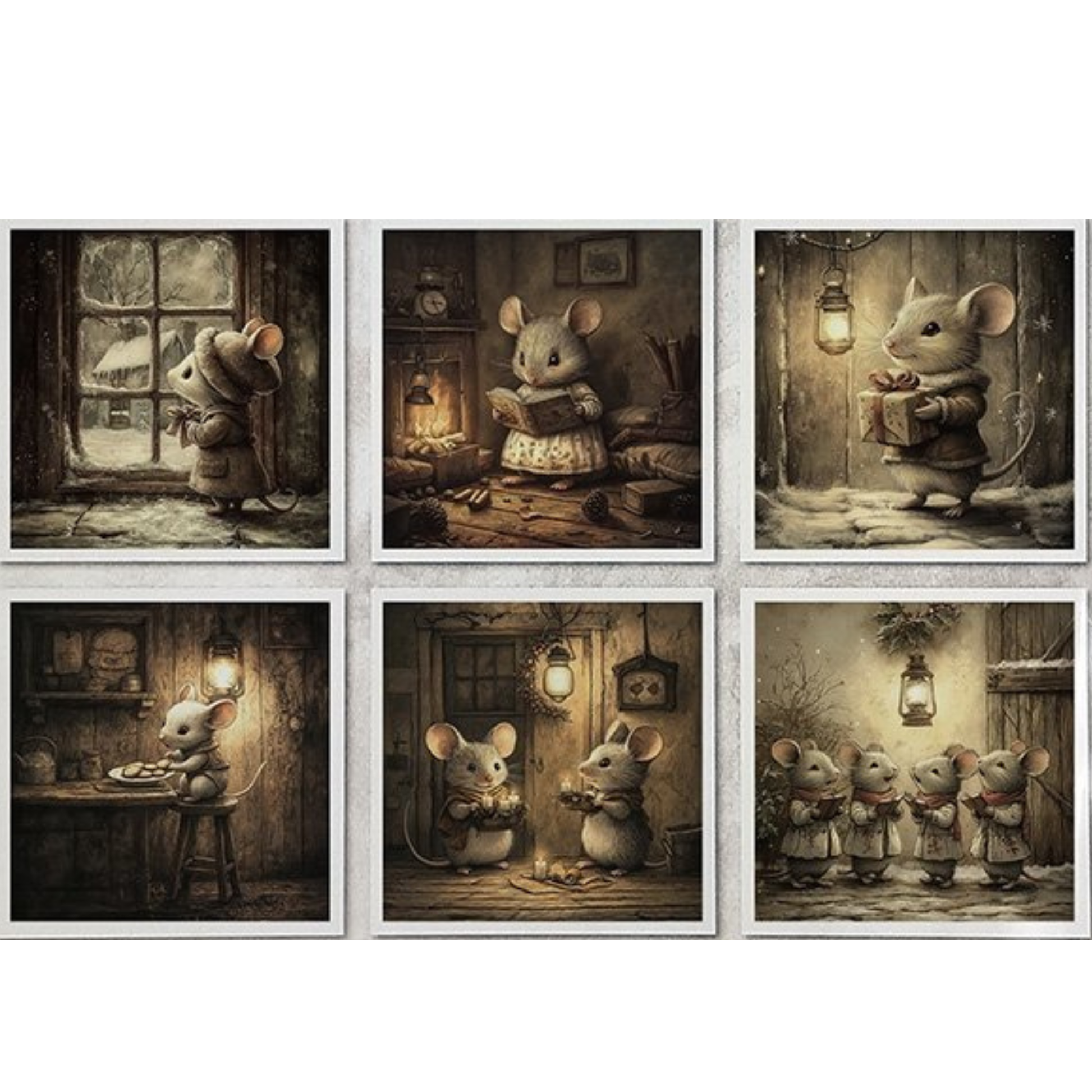 Set of six framed illustrations of mice in various indoor settings with a warm, vintage feel.