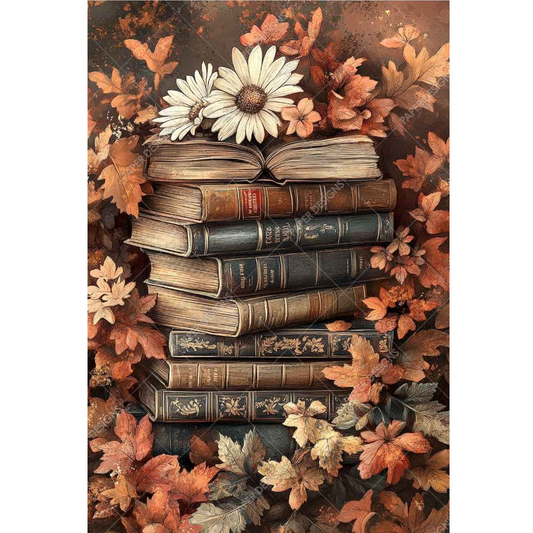 Stack of old books with flowers and leaves on a brown background