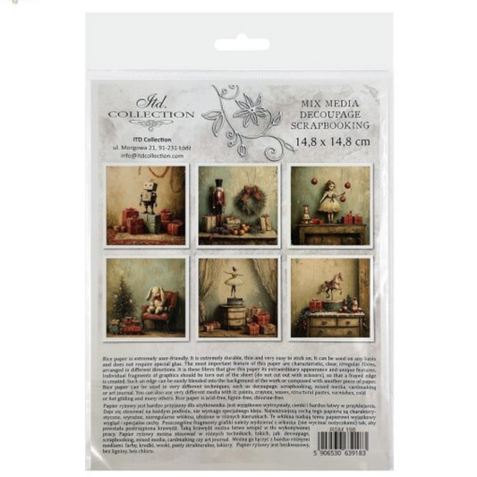 Packaging of decoupage rice paper set with six images of old holiday toys.