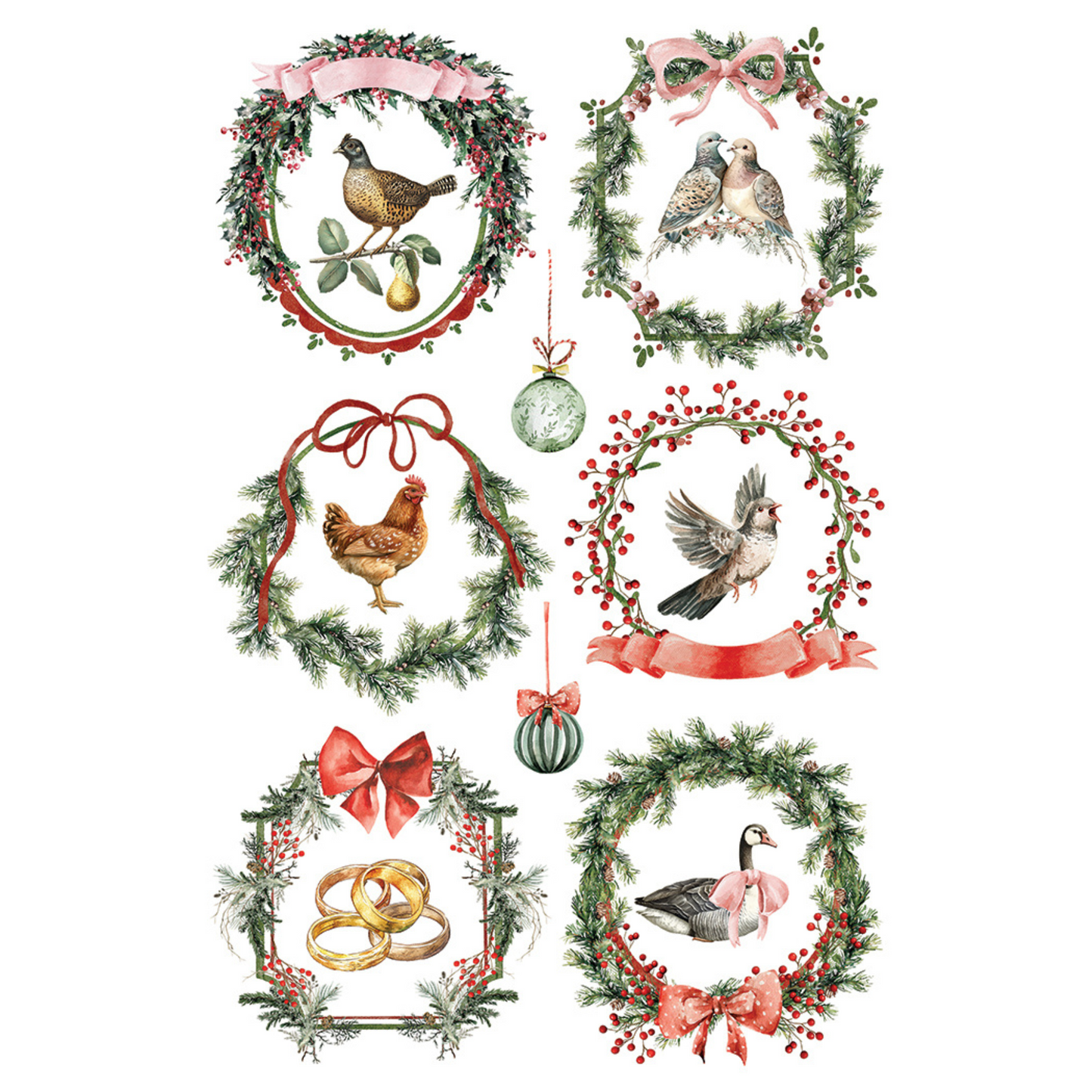 "Partridge Lane" IOD Transfer by Iron Orchid Designs.Pg 2 of 8. Available at Milton's Daughter. Set of Christmas-themed decorative elements with wreaths, birds, and ribbons.