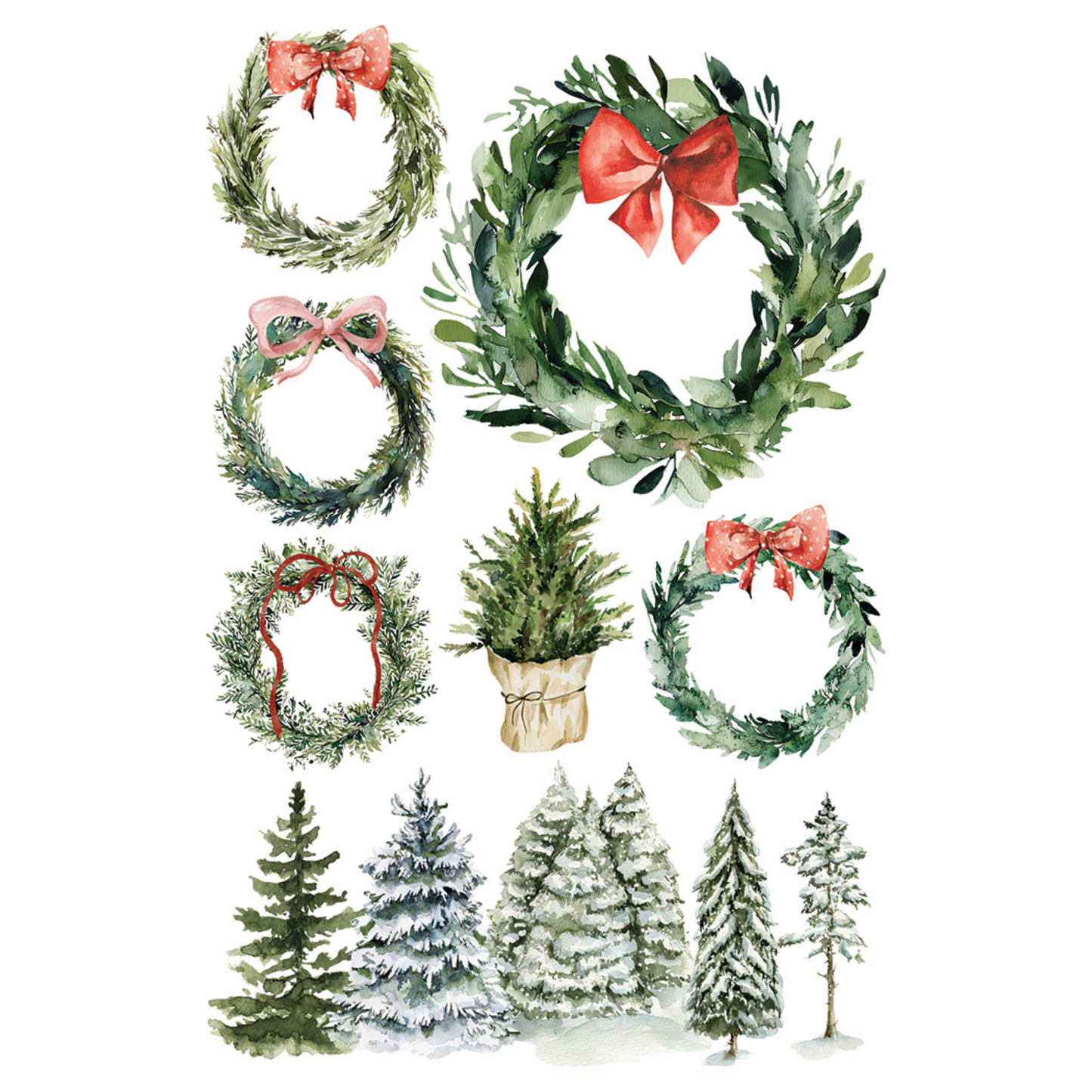 "Partridge Lane" IOD Transfer by Iron Orchid Designs.Pg 3 of 8. Available at Milton's Daughter. Set of Christmas-themed illustrations including wreaths with red bows and snow-covered trees.