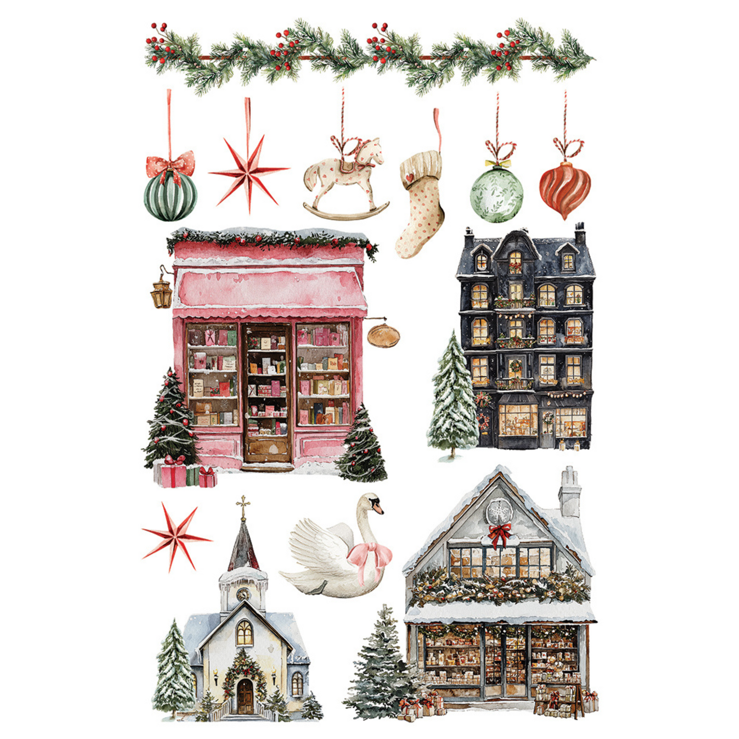 "Partridge Lane" IOD Transfer by Iron Orchid Designs.Pg 5 of 8. Available at Milton's Daughter. Collection of Christmas-themed illustrations including houses, trees, and ornaments.