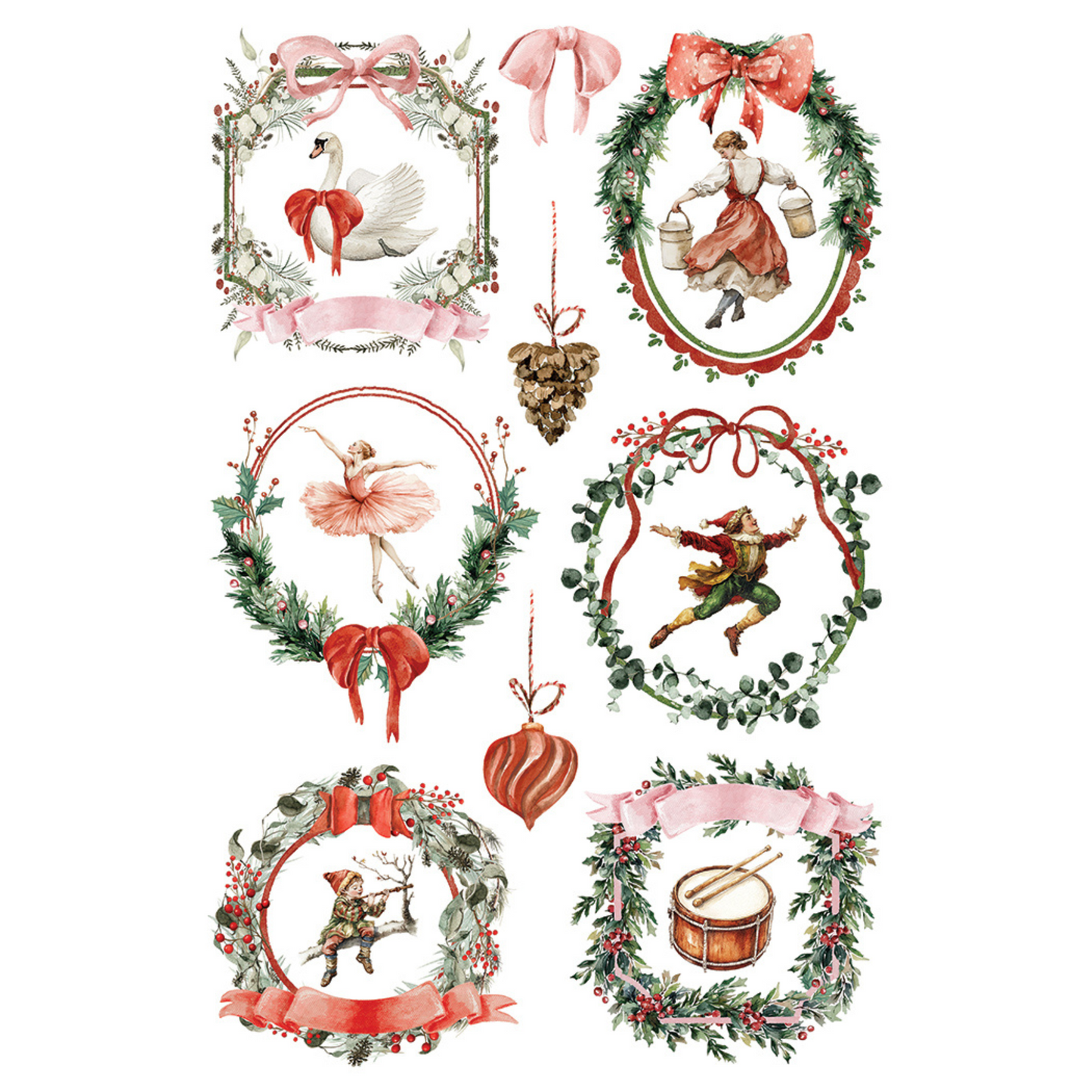 "Partridge Lane" IOD Transfer by Iron Orchid Designs.Pg 6 of 8. Available at Milton's Daughter. Set of decorative illustrations with wreaths, ribbons, and characters.