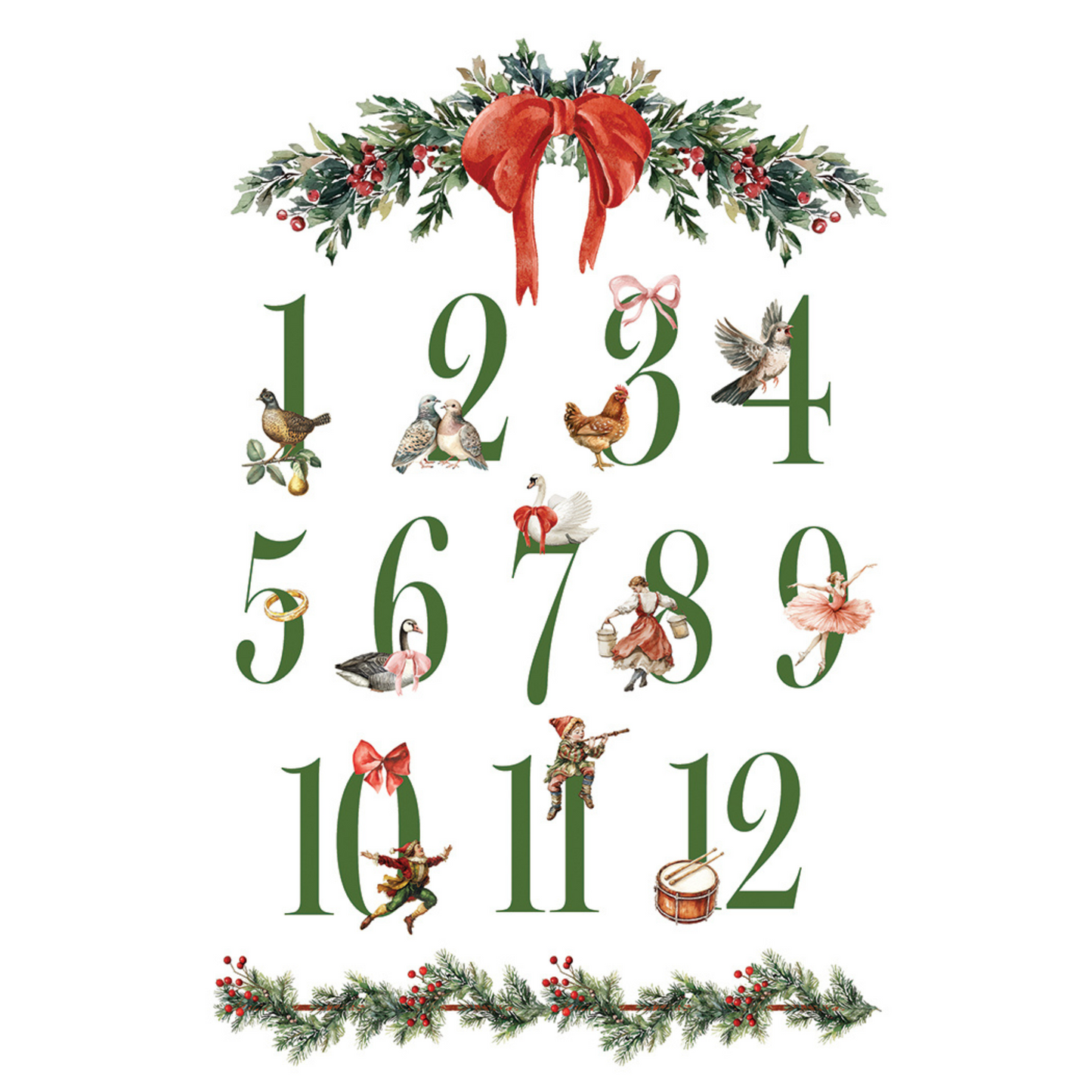 "Partridge Lane" IOD Transfer by Iron Orchid Designs.Pg 7 of 8. Available at Milton's Daughter. Decorative advent calendar with numbers 1 to 12, each featuring a small illustration.