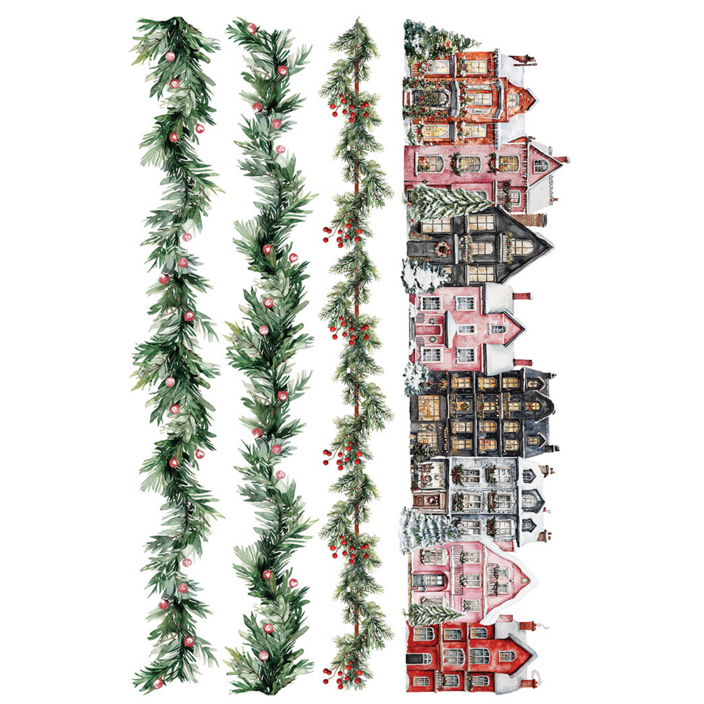 "Partridge Lane" IOD Transfer by Iron Orchid Designs.Pg 8 of 8. Available at Milton's Daughter. Decorative garland with Christmas trees and a festive village scene.