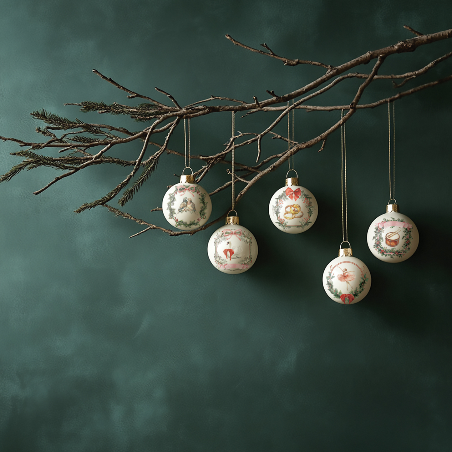 Partridge Lane" IOD Transfer by Iron Orchid Designs - Example Pic 2. Transfer available at Milton's Daughter. Decorative Christmas ornaments hanging from a branch against a dark green background