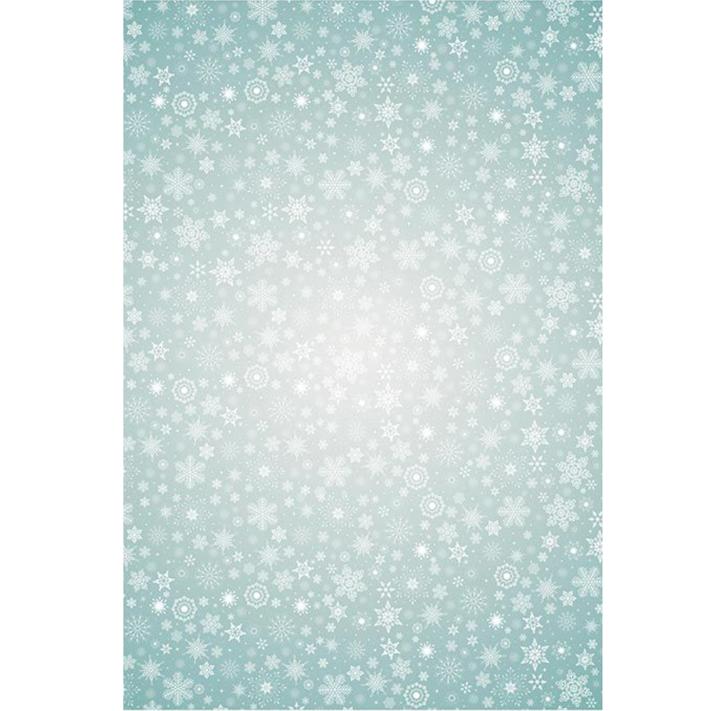 Rice paper design featuring a light blue-green gradient covered in white snowflakes of varying sizes, with a bright white glow in the center.