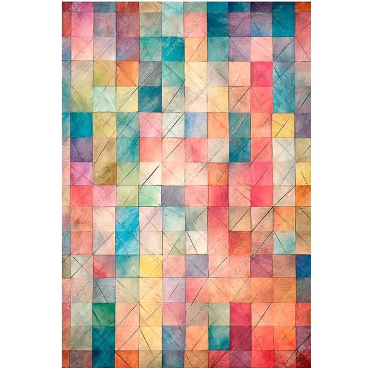 A square abstract design featuring a colorful geometric pattern of watercolor-like squares in shades of pink, blue, orange, yellow, and green, arranged in a grid with diagonal line details.