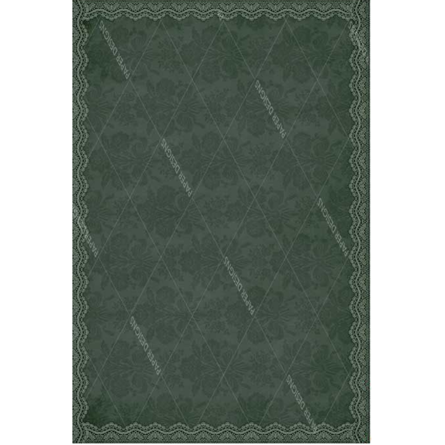 Green damask patterned background paper with lace border.