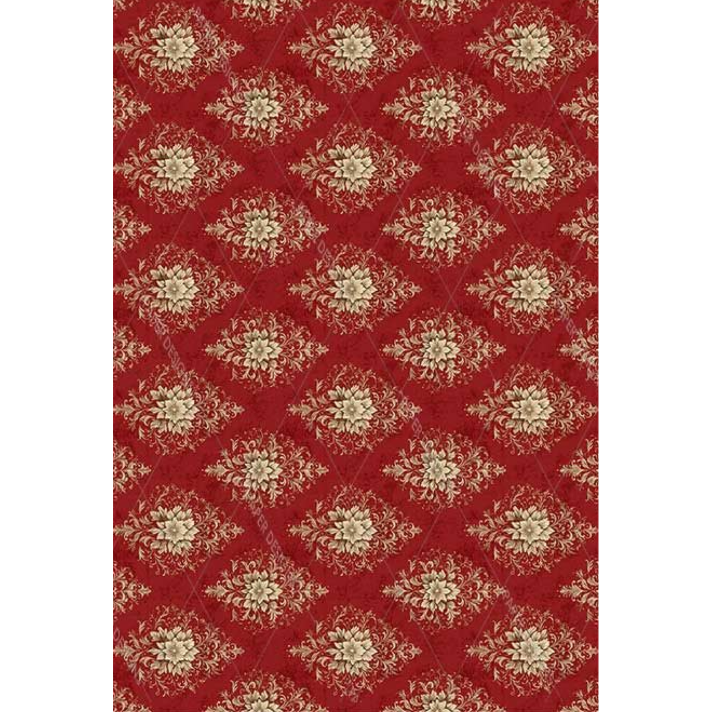 Image featuring a repeating beige damask floral design on a red background.