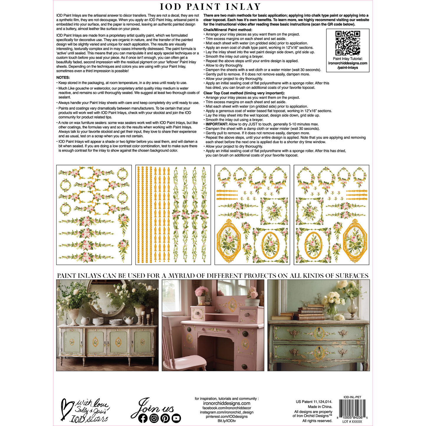 "Petite Fleur Pink" Paint Inlay IOD Furniture Transfer by Iron Orchid Designs. Back Cover. Four 12" x 16" sheets. Available at Milton's Daughter.