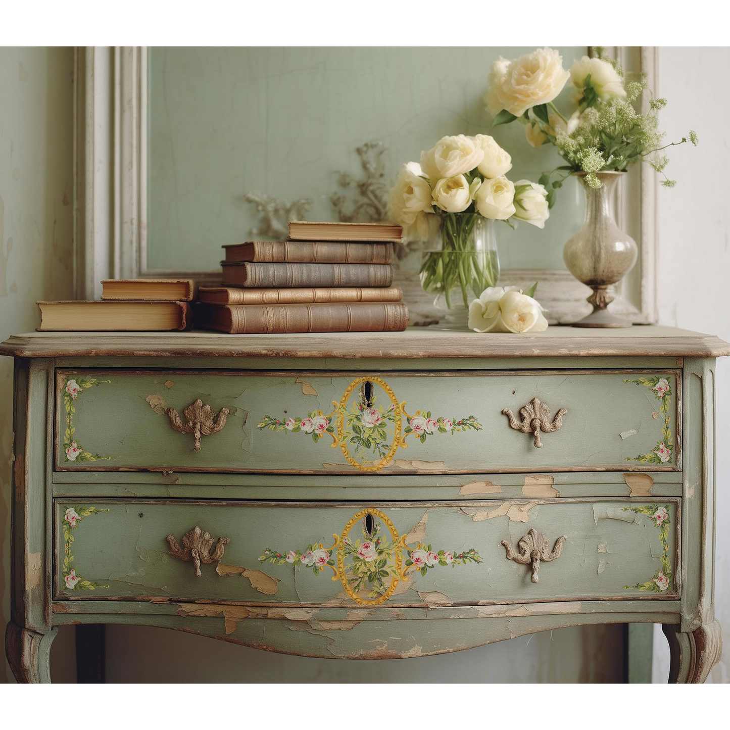 "Petite Fleur Pink" Paint Inlay IOD Furniture Transfer by Iron Orchid Designs. Four 12" x 16" sheets. Example pic-green dresser. Available at Milton's Daughter.