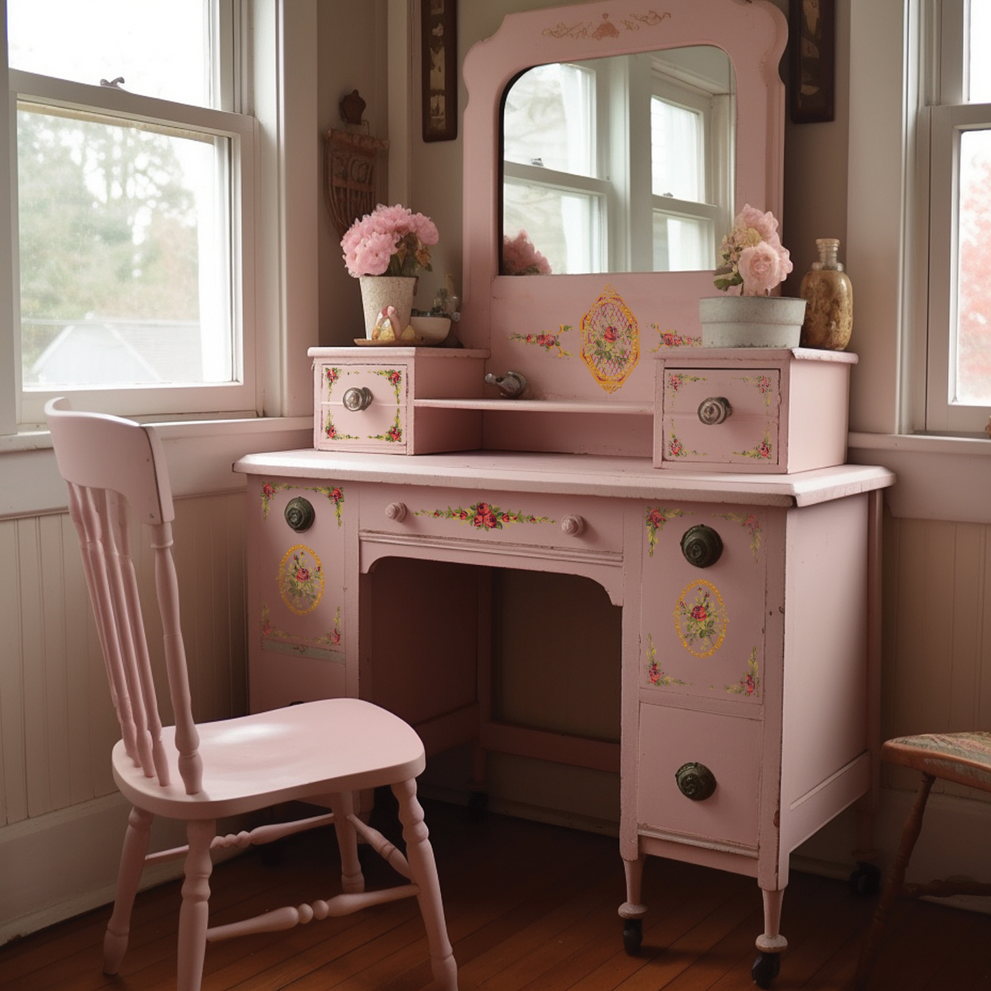 "Petite Fleur Red" Paint Inlay IOD Furniture Transfer by Iron Orchid Designs. Four 12" x 16" sheets. Example pic-pink desk. Available at Milton's Daughter.