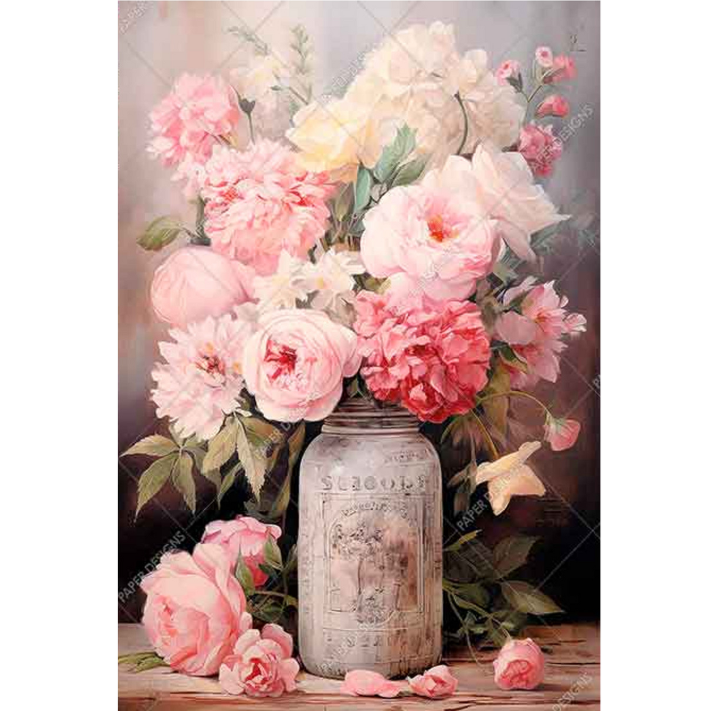 "Pink Flowers In A Mason jar" decoupage rice paper by Paper Designs. Available at Milton's Daughter.