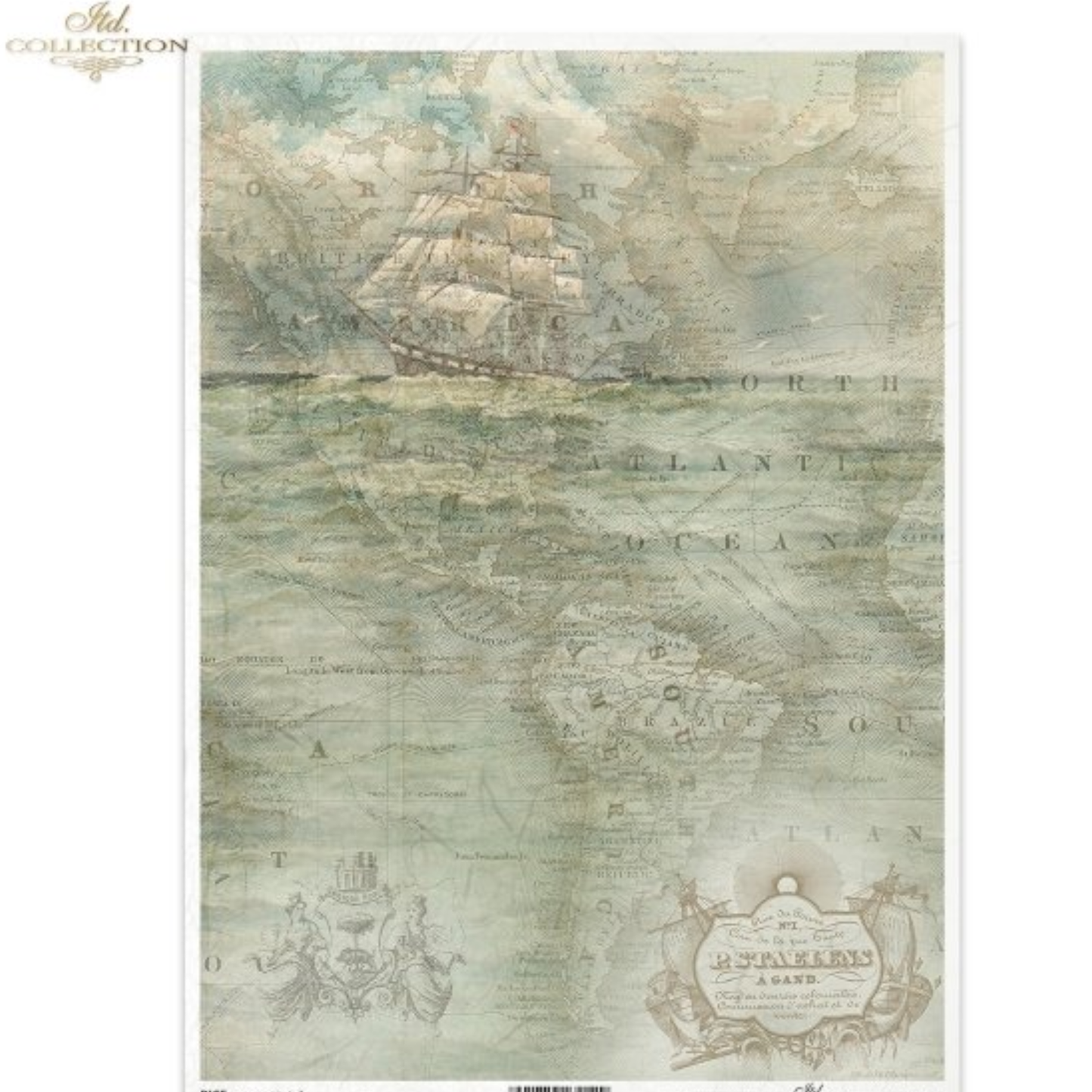 Vintage-style map with a ship on a light blue background.