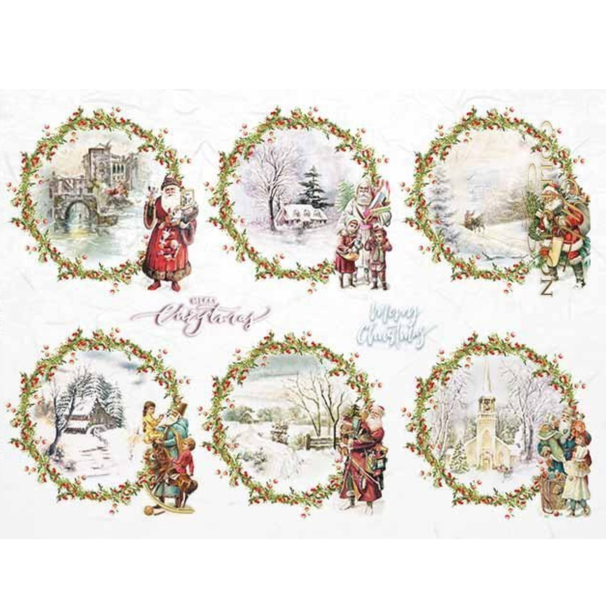 Set of Christmas-themed illustrations with Santa Claus and winter scenes, surrounded by decorative wreaths.