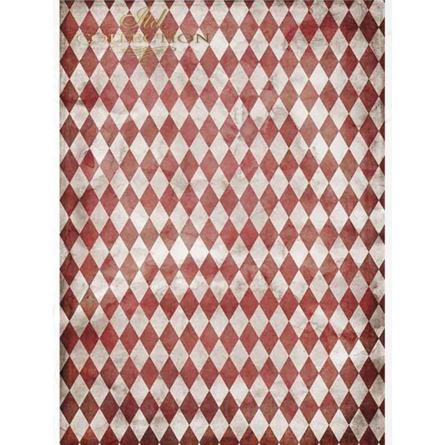 Harlequin patterned paper with red and white diamonds on a white background.