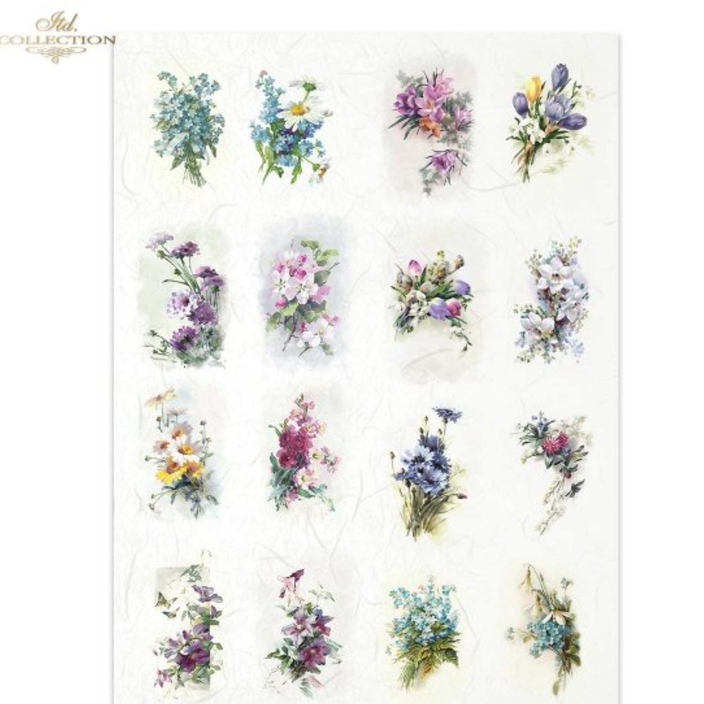Sheet of sixteen colorful flower bouquets on a white background.