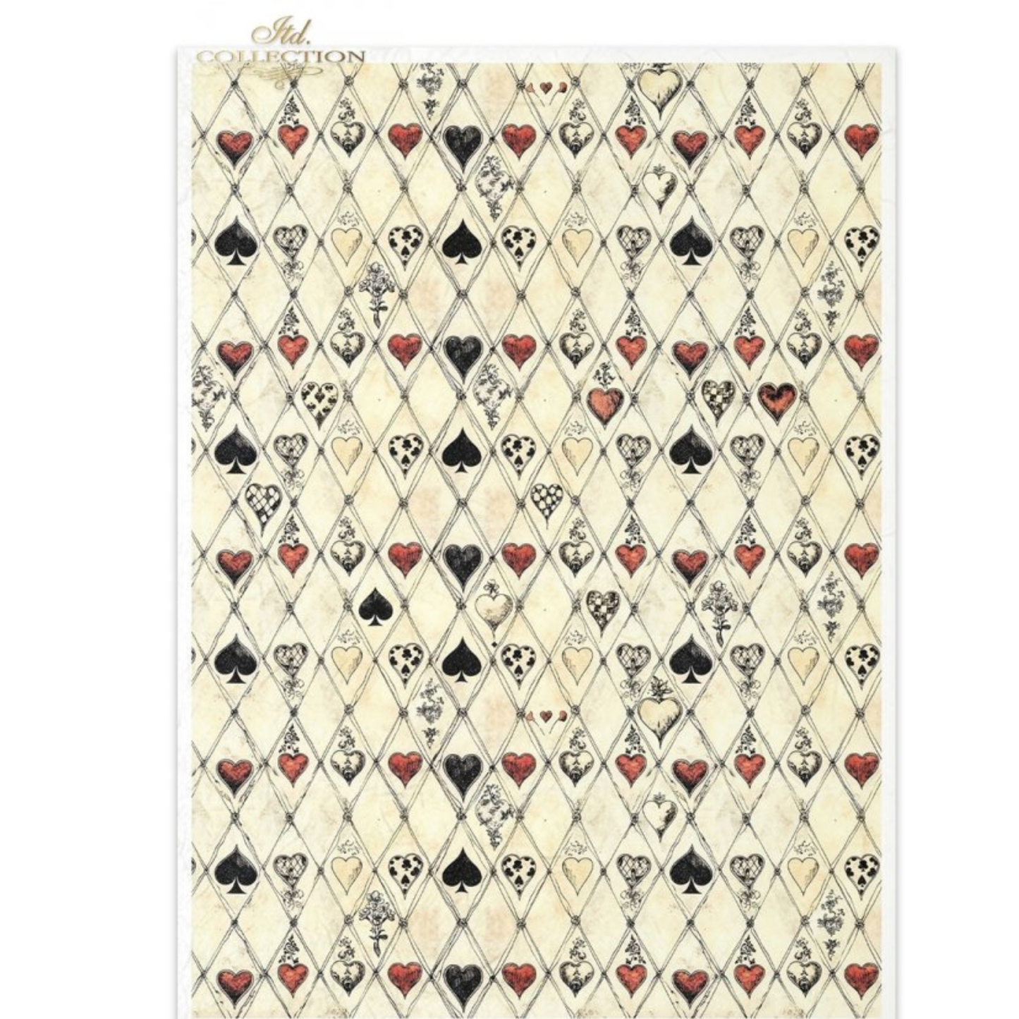 Diamond Patterned paper with card suits on a beige background.