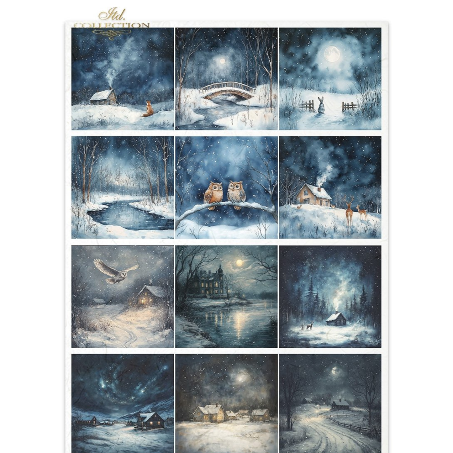 Collection of winter scenes with snowy landscapes and moonlit nights.