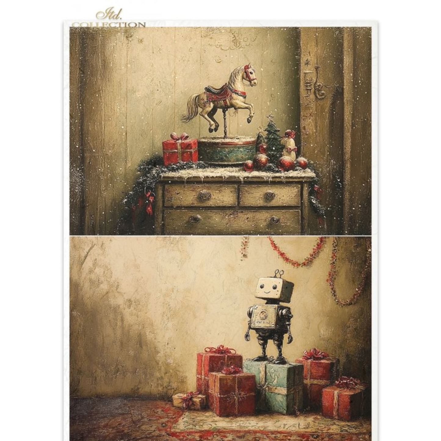 Two vintage-style illustrations of a rocking horse and a robot with presents.