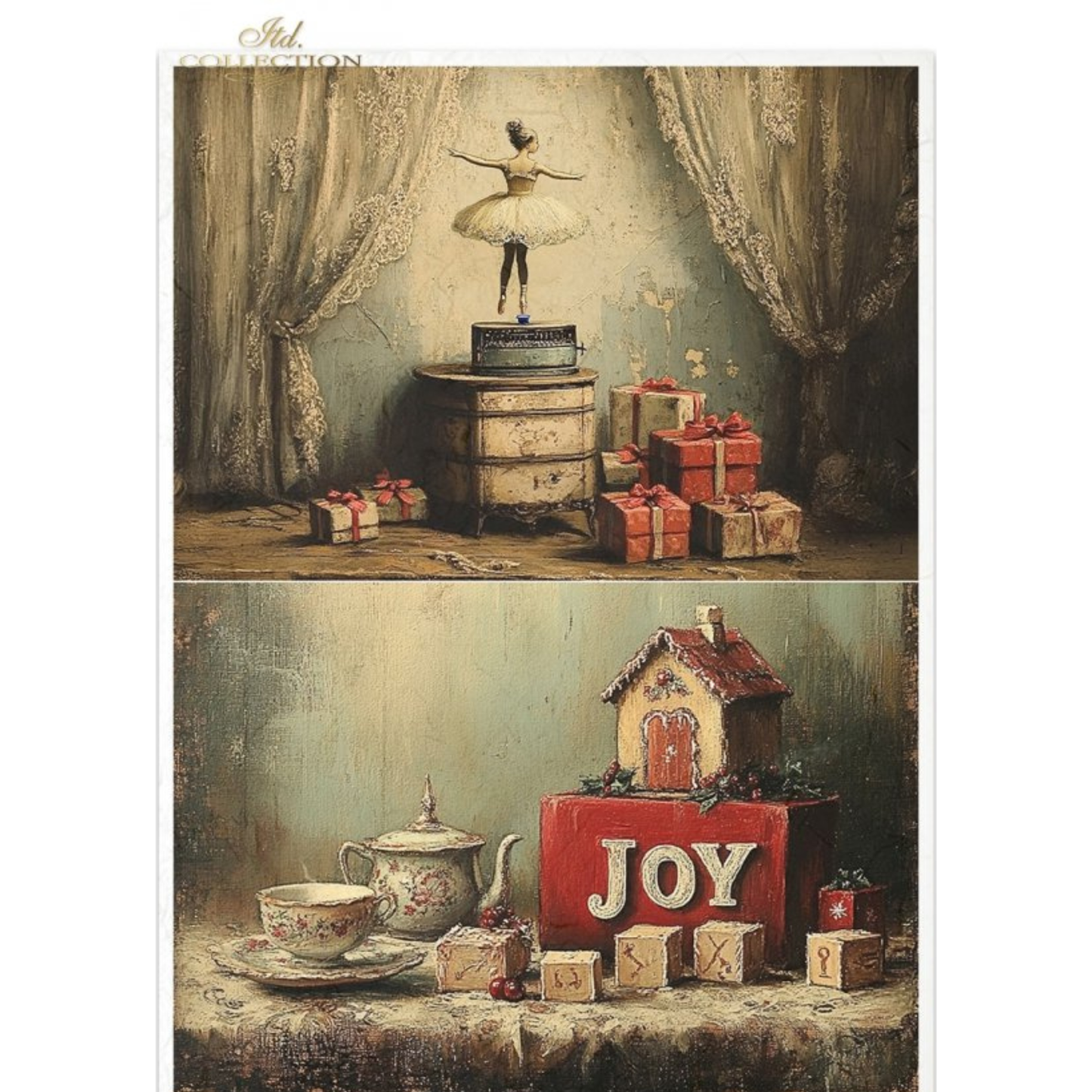 Two vintage-style scenes of holiday gifts including a ballerina music box and a tea set.