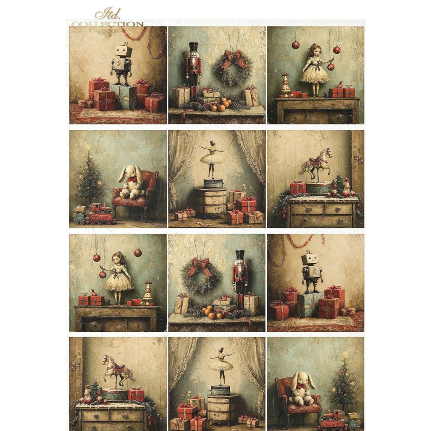 Collection of vintage-style Christmas thumbnail images with vintage toys and decorations.