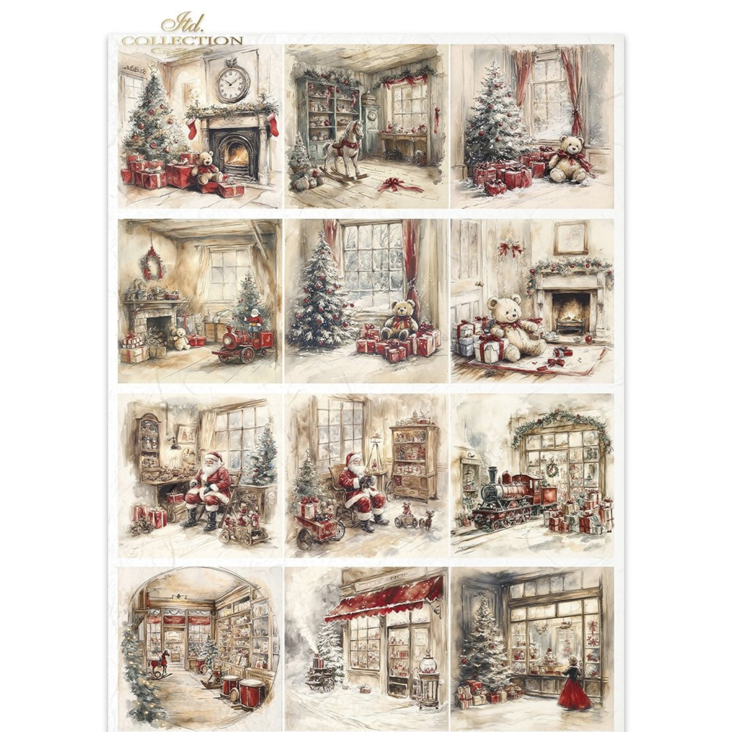 Collection of Christmas-themed illustrations featuring festive scenes with trees, presents, toy stores and Santa Claus.