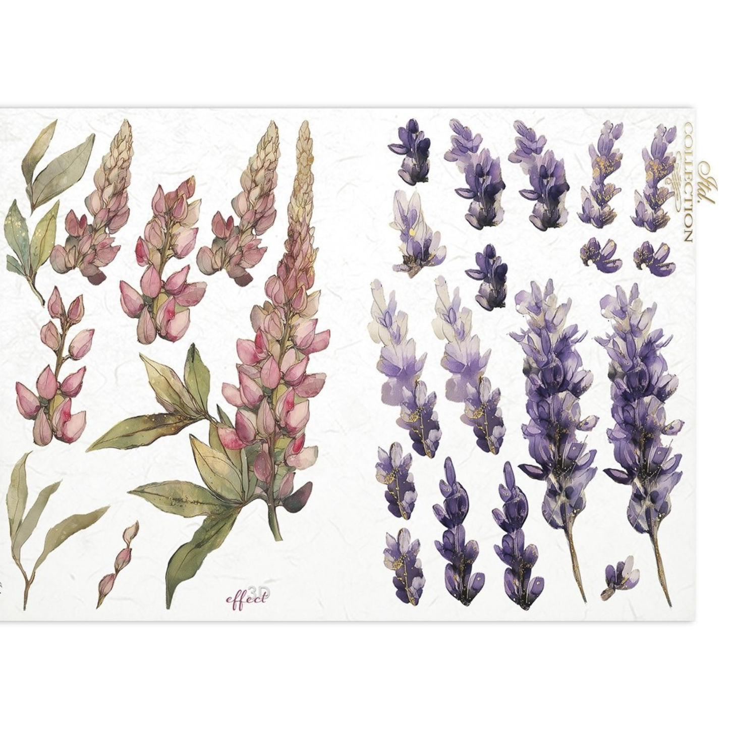 Sheet of floral images with pink hyacinths and purple lavender sprigs a white background.
