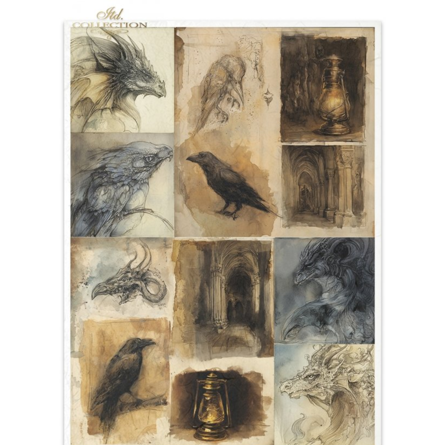 A decorative paper featuring a collage of fantasy and nature sketches, including dragons, crows, and lanterns, in sepia and gray tones.