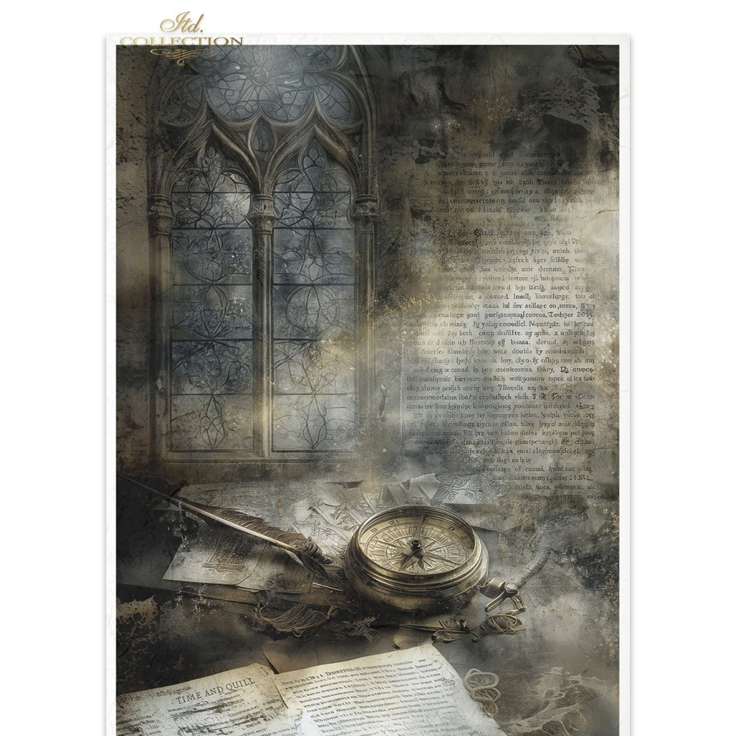 Gothic-style interior with a compass, feather, and open book on a textured surface.