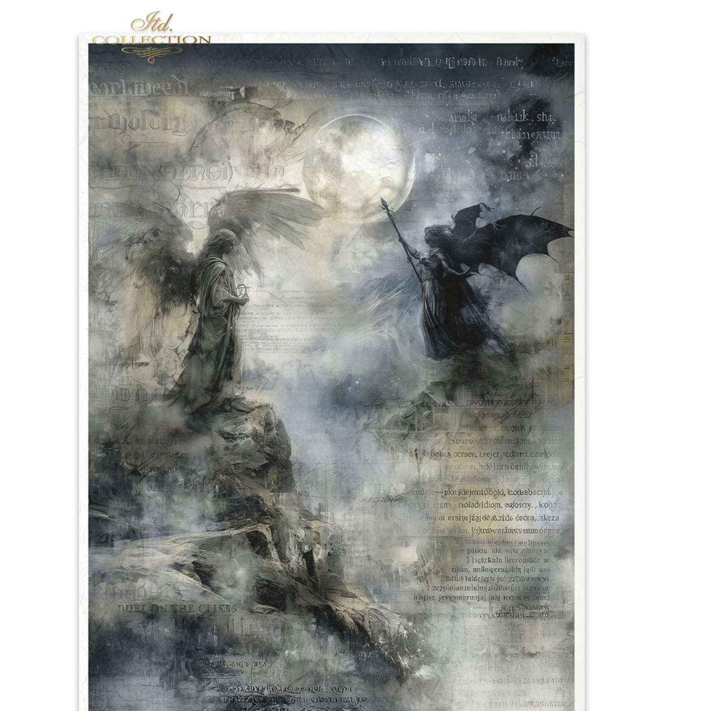 Artistic depiction of an angel and a demon under a moonlit sky with a gothic feel.