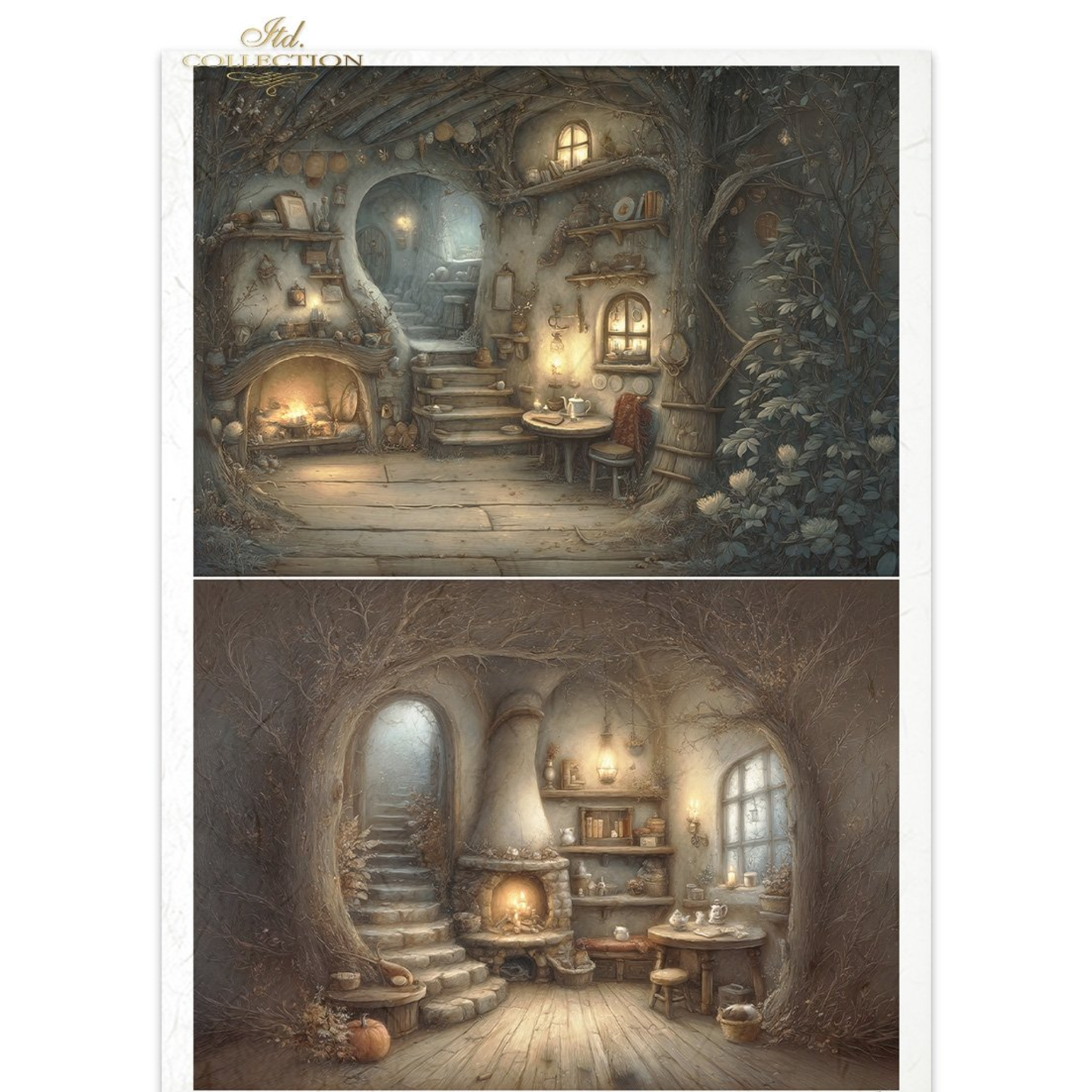 Two illustrations of a cozy, rustic interior with stone walls and wooden furniture.