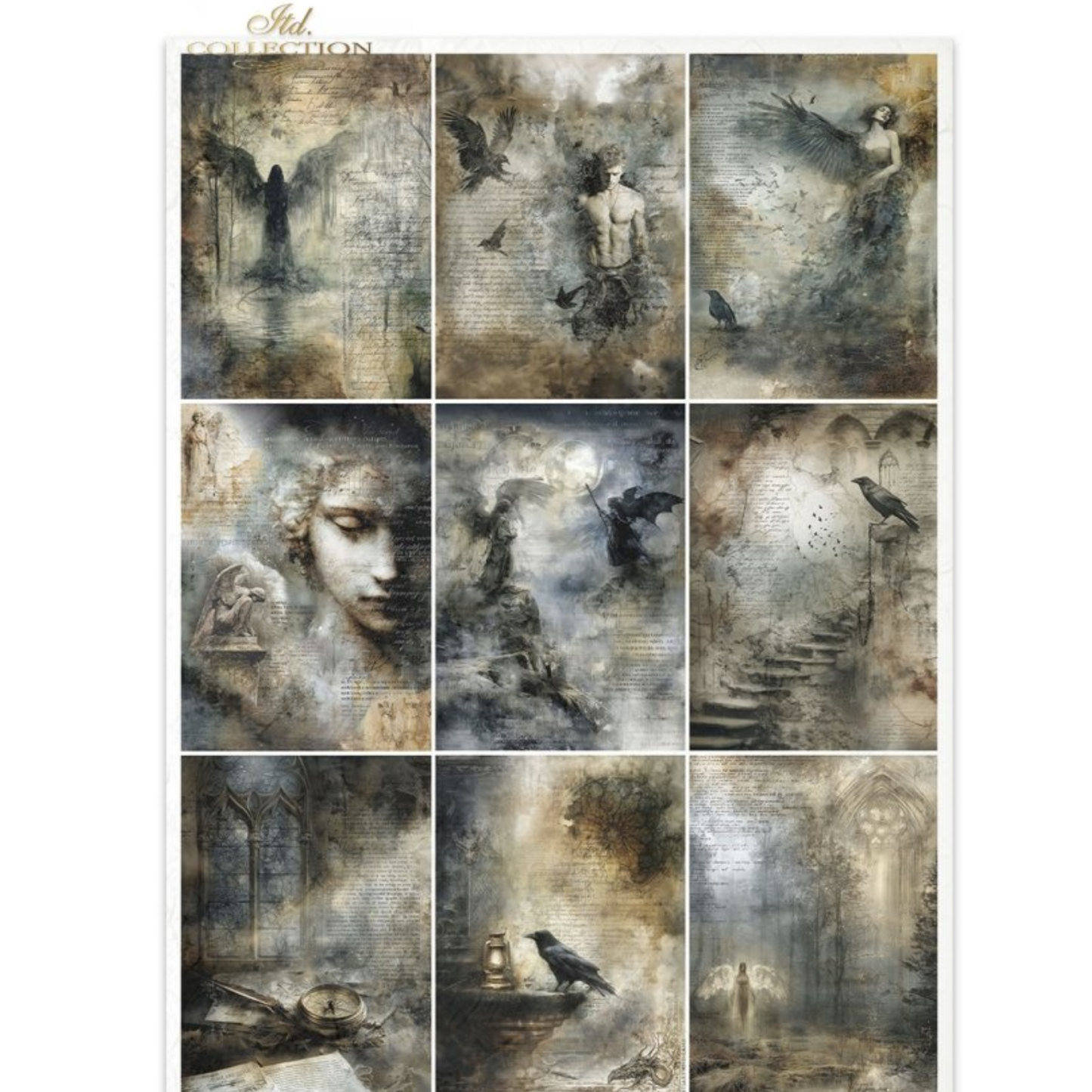 A sheet of decorative paper featuring a grid of gothic and mystical illustrations in muted sepia and gray tones, including angel faces, crows, misty ruins, and aged paper textures.