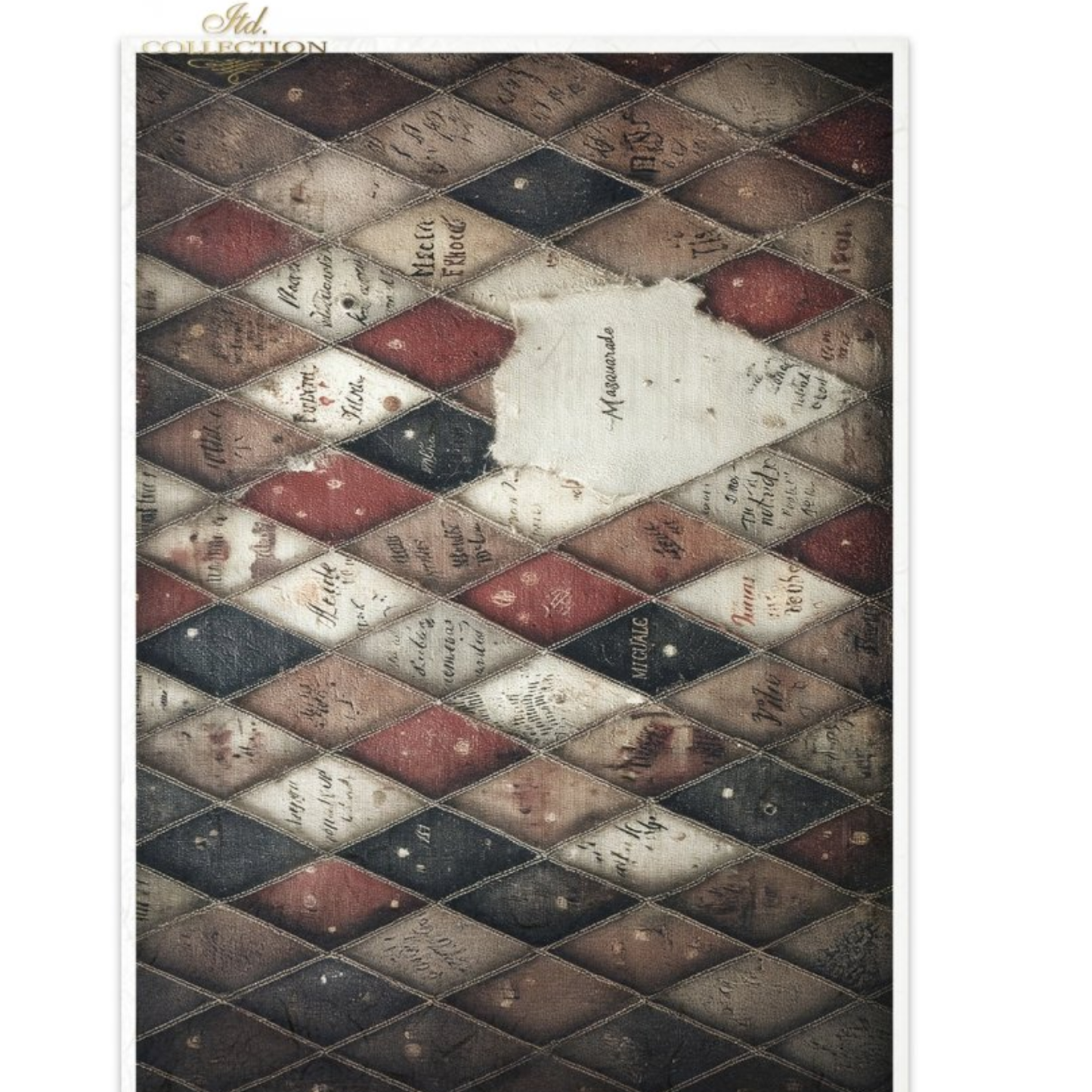 Harlequin patterned paper in red, blue and tan on distsressed background.